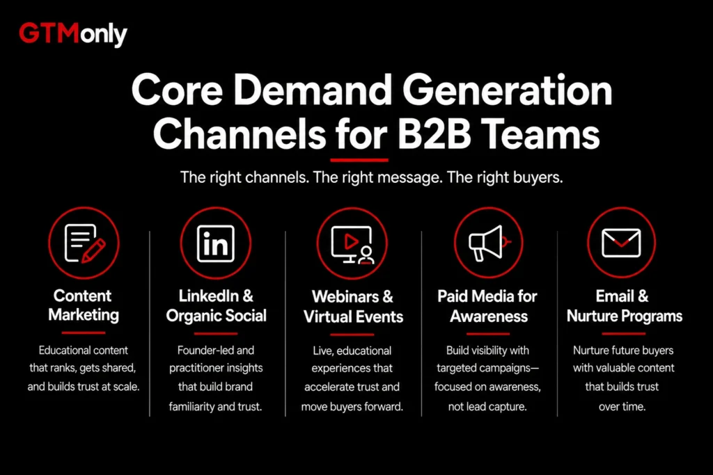 Core B2B demand generation channels including content marketing, LinkedIn organic social, webinars, paid media, and email nurture programs