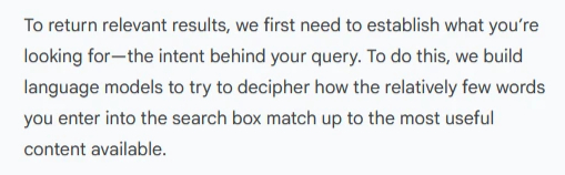 Google search ranking documentation showing how search intent is determined before keywords, emphasizing intent-first ranking process.