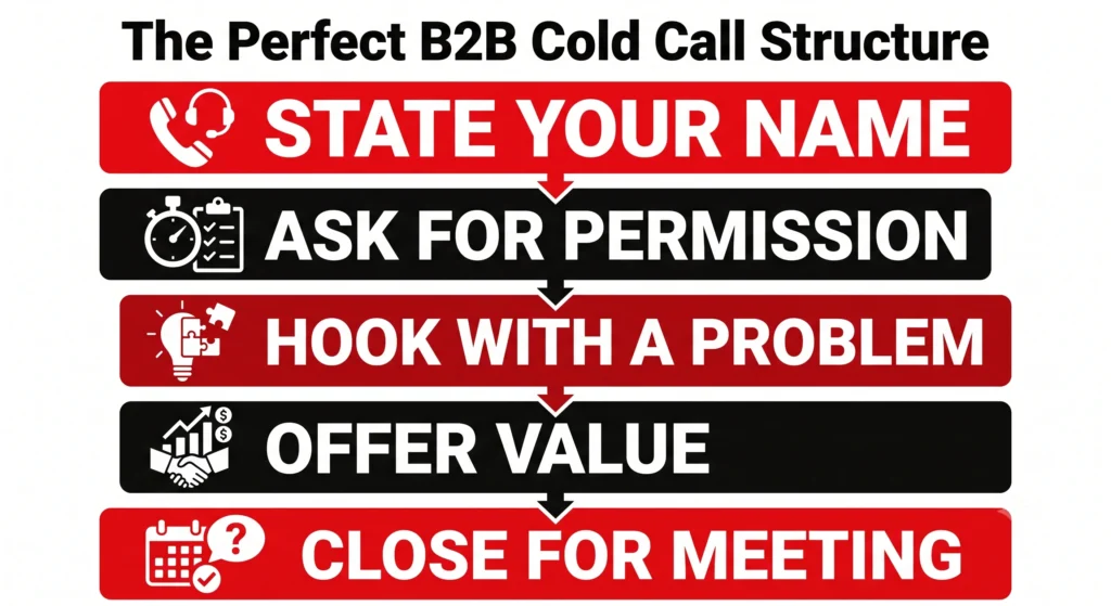 Infographic detailing the perfect 5-step B2B cold call structure: state your name, ask for permission, hook with a problem, offer value, and close for a meeting.