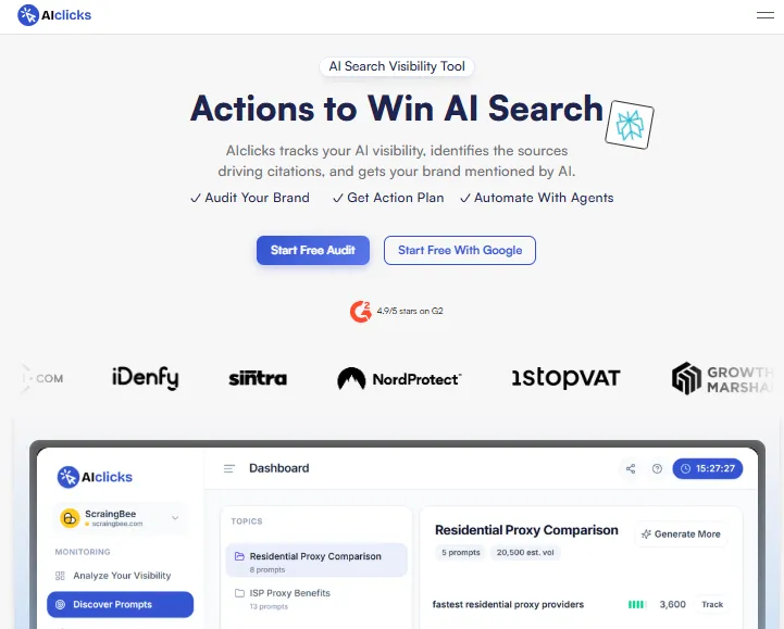 Screenshot showing the AIclicks homepage, a generative engine optimization (GEO) and prompt tracking tool.