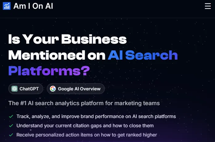 Homepage of Am I On AI?, a simple checker tool for brand mentions in ChatGPT and Google AI Overviews.
