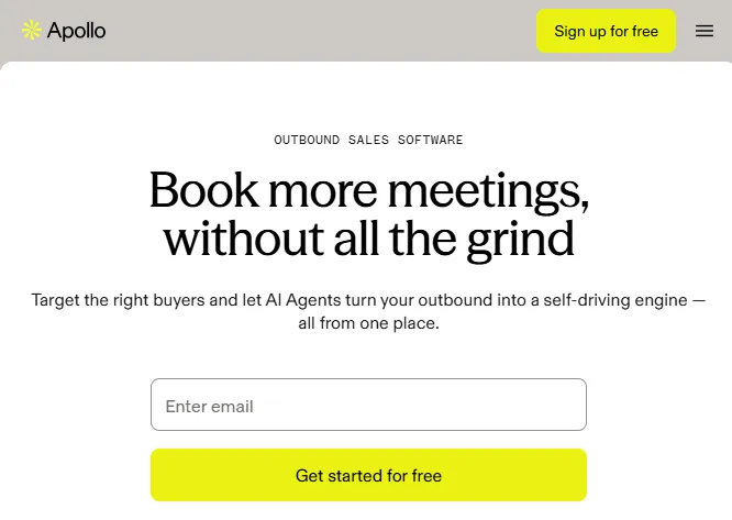 Apollo homepage showing B2B sales intelligence and cold email sequences
