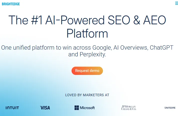 Homepage of BrightEdge, an enterprise SEO platform with advanced AI Overview and generative search monitoring.