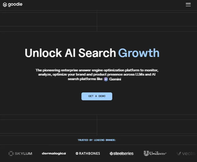 Homepage screenshot of Goodie AI, a content-centric AI visibility and answer engine optimization (AEO) platform.