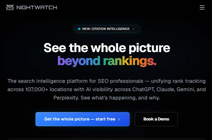 Screenshot of the Nightwatch homepage, combining traditional rank tracking with AI Overview visibility.