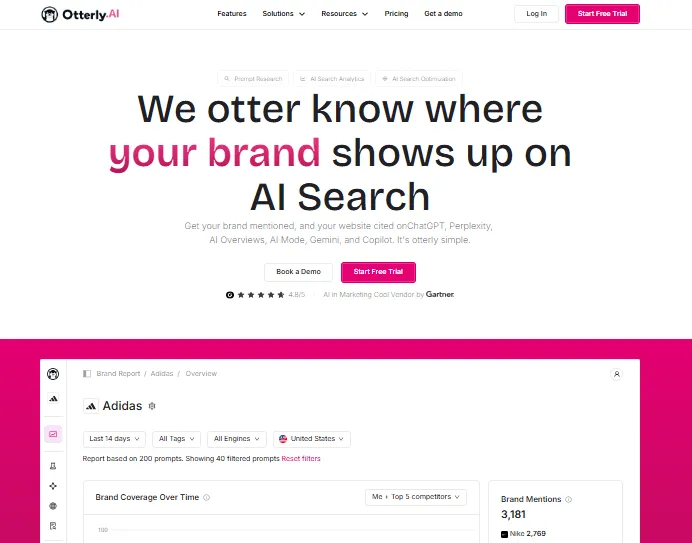 Homepage of Otterly.AI, an affordable and lightweight AI search monitoring dashboard for startups.