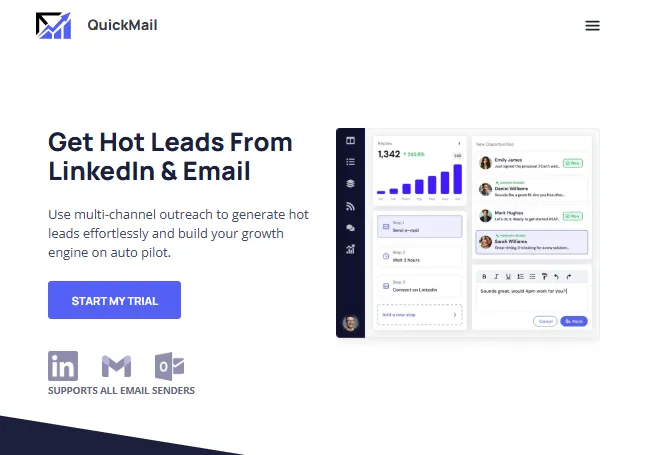 Quickmail home page showing leads from linkedin and email