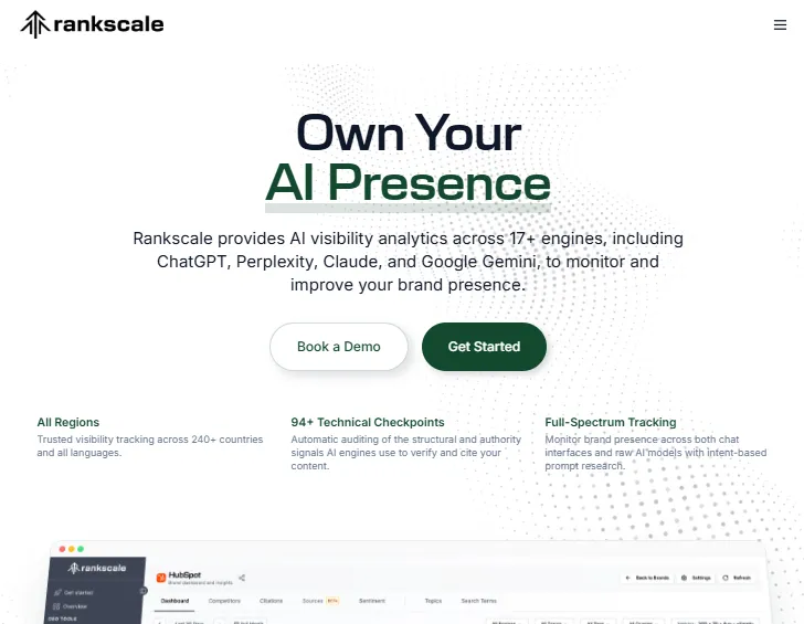 Screenshot of the Rankscale homepage, an SEO-native prompt tracking and AI visibility platform.