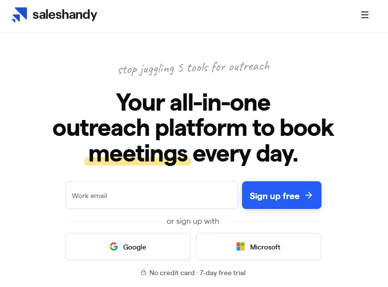 Saleshandy home page claiming all in one outreach platform to book meetings every day