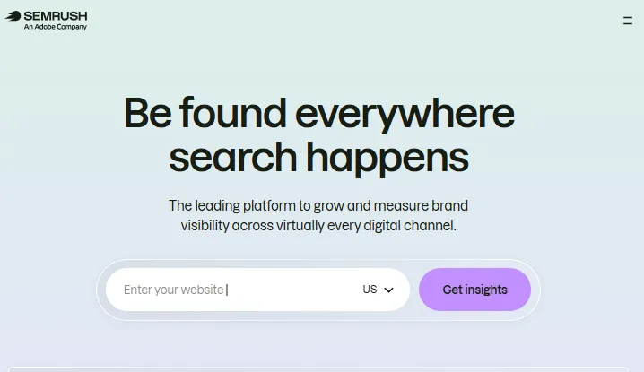 Homepage screenshot of Semrush, featuring its all-in-one SEO platform and AI Visibility Toolkit.