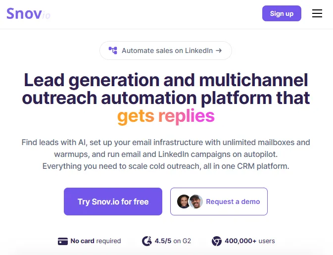 Snov.io home page screenshot claiming that you can find leads with AI, set up your email infrastructure with unlimited mailboxes and warmpups, and run email and LinkedIn campaigns on autopilot