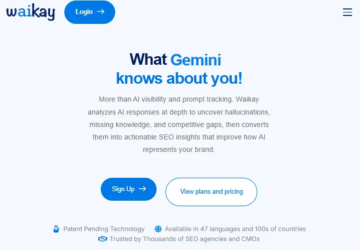 Screenshot of the Waikay homepage, highlighting its AI search analytics and competitive visibility features.
