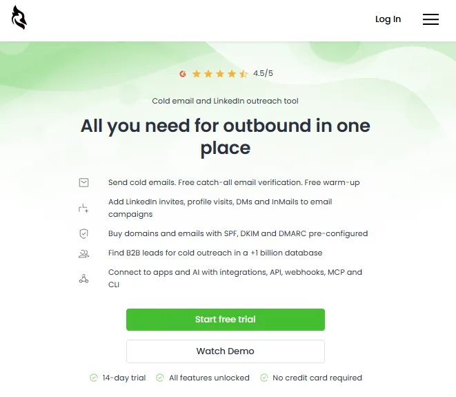 Woodpecker home page screenshot claiming all you need for outbound in one place and a complete cold email and LinkedIn outreach tool