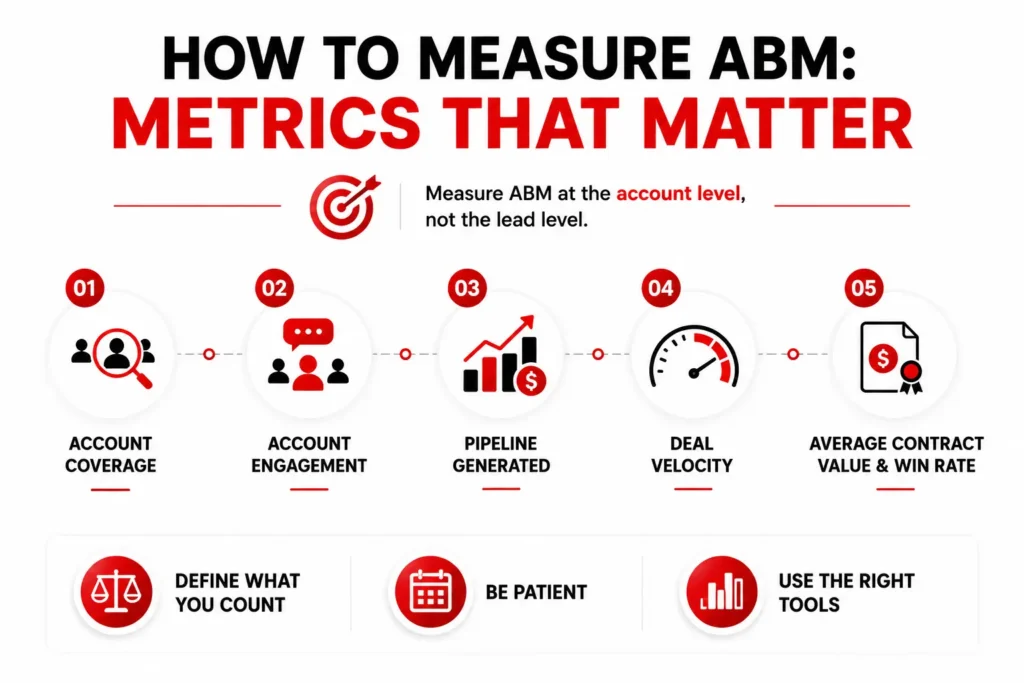 Infographic highlighting the five most important account-based marketing (ABM) metrics: account coverage, account engagement, pipeline generated, deal velocity, and average contract value with win rate.