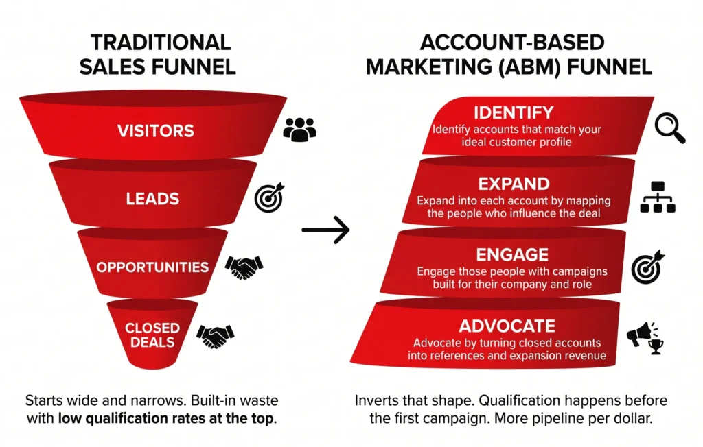 Diagram comparing a traditional wide-to-narrow sales funnel with the inverted Account-Based Marketing (ABM) funnel, highlighting the Identify, Expand, Engage, and Advocate stages.