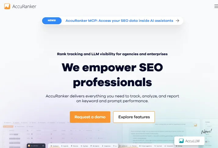Accuranker home page saying it delivers everything to track, analyze, and report on keyword and prompt performance