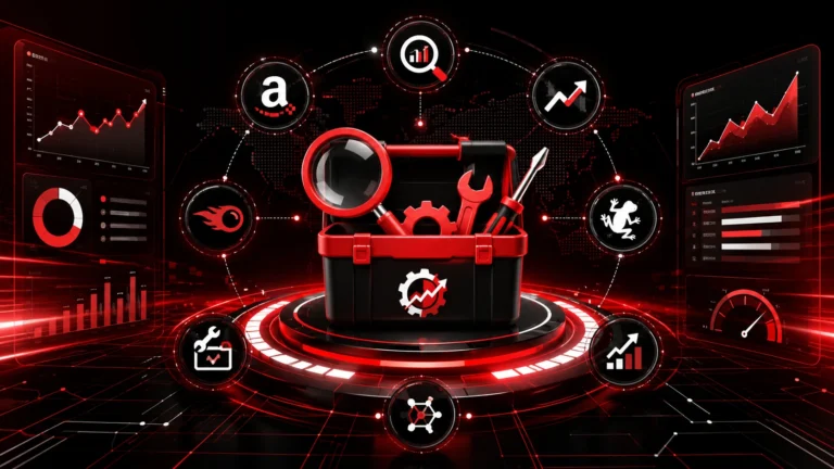 SEO tools dashboard with keyword research, analytics, ranking growth, and technical SEO elements