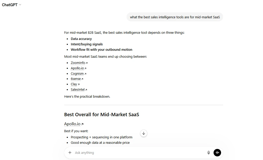 ChatGPT generating a B2B vendor shortlist in response to a sales tool recommendation prompt