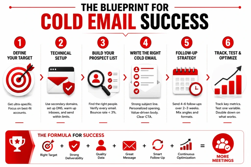 Cold email success blueprint infographic showing a 6-step process: define your target, technical setup, build a prospect list, write a cold email, follow up, and track performance to book more B2B sales meetings.