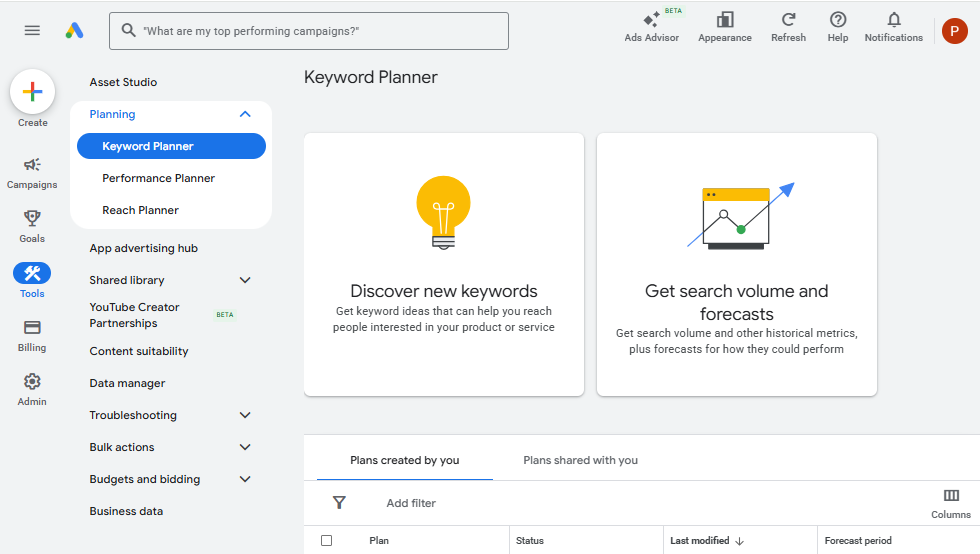 Google Keyword Planner homepage showing the two main options, 'Discover new keywords' and 'Get search volume and forecasts'