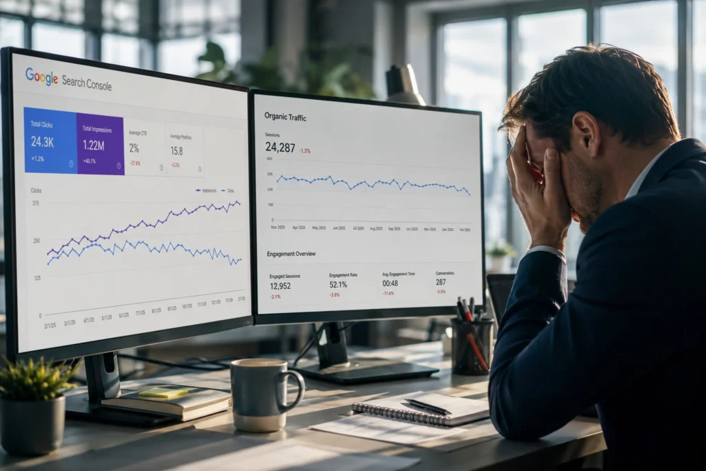 Google Search Console showing impressions rising while organic clicks stay flat in 2026