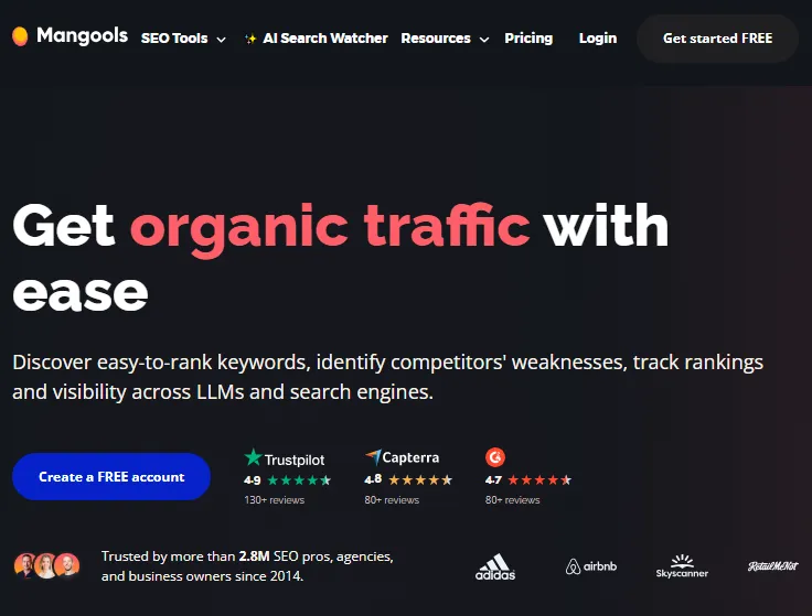 Mangools home page screenshot showing that you can discover easy to rank keywords, identify competitors weakness, track rankings and visibility across LLMs and search engines.