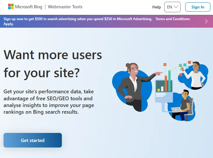 Microsoft Bing webmaster tools homepage showing that you can get your site's performance data, take advantage of free SEO/GEO tools and analyze insights to improve page rankings on Bing search results