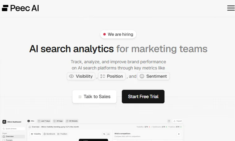Peec AI home page claiming that it tracks, analyze, and improve brand performance on AI search platforms through key metrics like visibility, position and sentiment