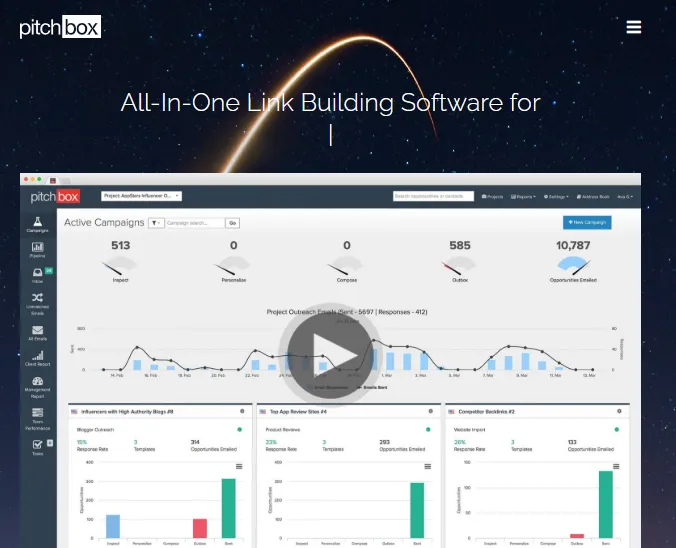 Pitchbox home page showing all in one Link building software for SEO