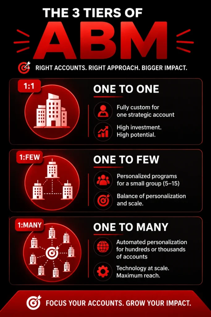 Infographic showing the three tiers of Account-Based Marketing (ABM): 1:1 ABM with fully customized outreach for strategic accounts, 1:Few ABM for small account groups, and 1:Many programmatic ABM using automation to personalize campaigns at scale.