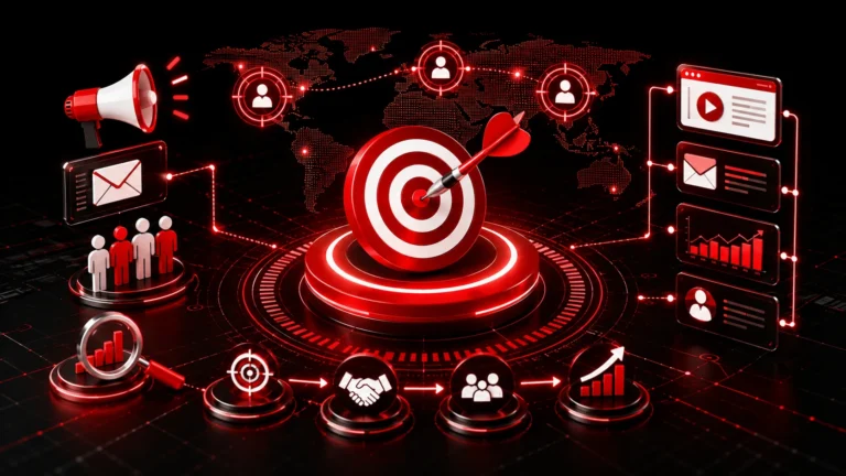 Illustration of an account-based marketing campaign showing target accounts, multichannel outreach, audience segmentation, campaign workflow, and performance optimization.