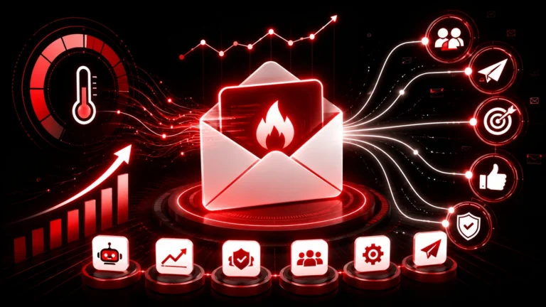 Illustration showing AI-powered email warmup with inbox reputation growth, automated email activity, engagement signals, and email deliverability optimization.