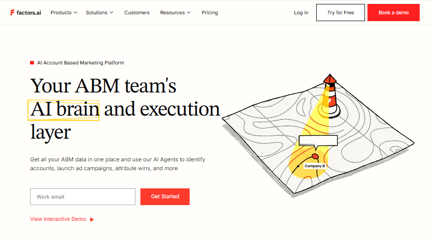 Factors.ai home page showing AI Account based marketing platform It says Your ABM team's AI brain and execution layer