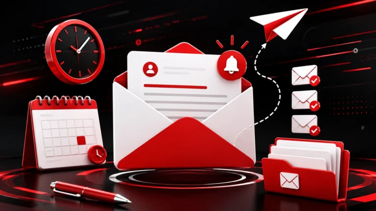 Modern futuristic email reminder concept showing digital envelopes, calendar reminders, notification icons, follow-up emails, and professional communication workflow for writing polite reminder emails.