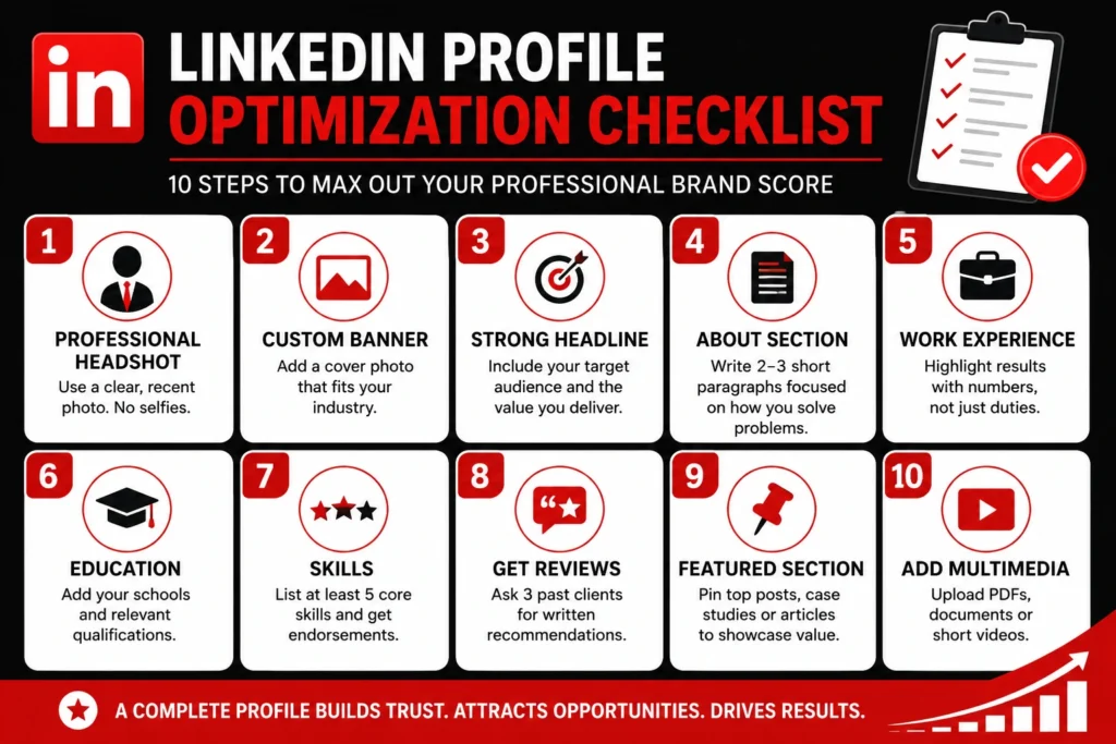 LinkedIn profile optimization checklist to improve LinkedIn Social Selling Index, covering profile photo, banner image, headline, about section, skills, recommendations, featured section, and multimedia content.