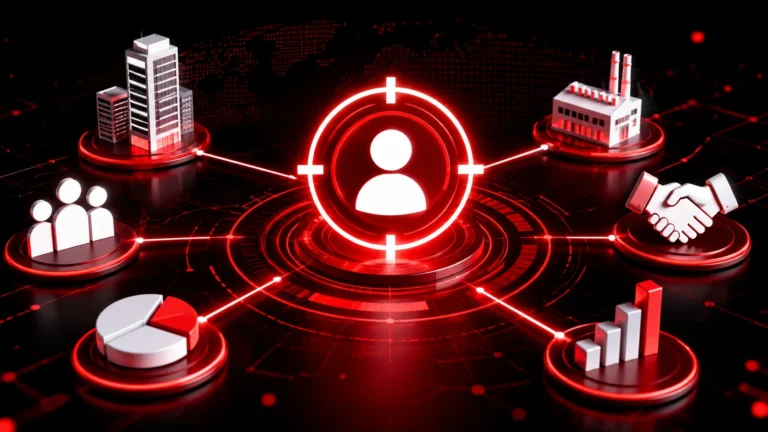 Illustration of Account-Based Experience (ABX) showing connected customer accounts, personalized engagement, business relationships, analytics, and omnichannel B2B interactions.