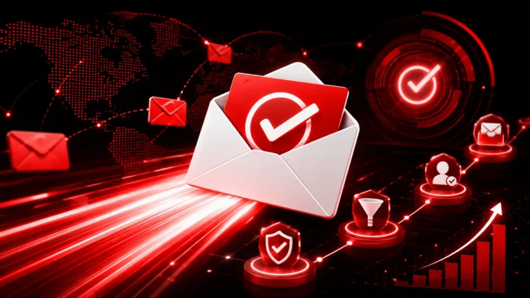 Illustration of email deliverability showing secure email delivery, inbox placement, sender reputation, authentication, and email performance optimization