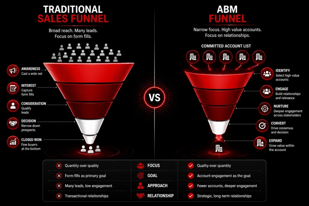 Side-by-side comparison of an ABM funnel and a traditional sales funnel showing account-based marketing stages versus lead-based sales stages.