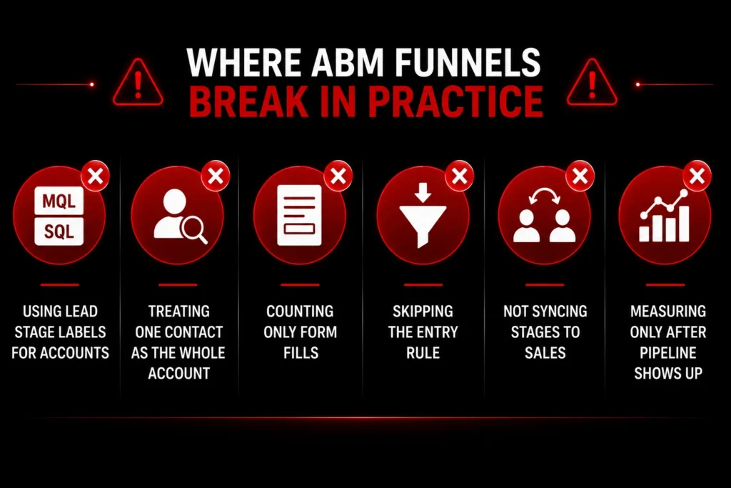 Infographic showing the most common ABM funnel mistakes, including lead-based tracking, poor account engagement measurement, and sales alignment issues.