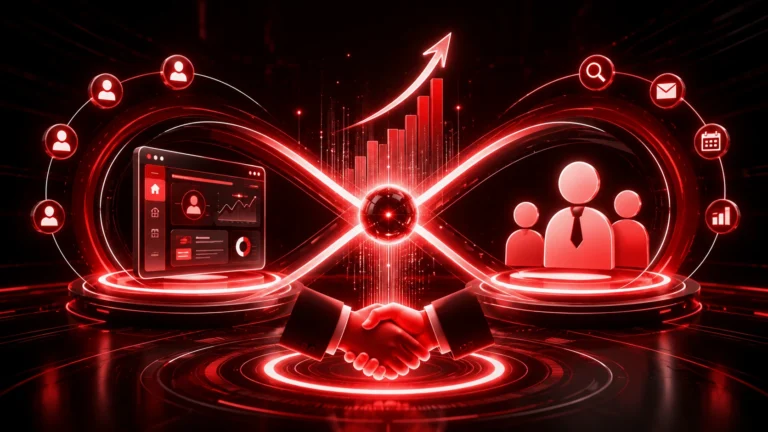 Futuristic hybrid product-led growth and sales motion illustration showing product usage data, team collaboration, sales engagement, and revenue growth connected through a digital growth loop.