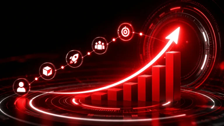Futuristic product-led growth concept showing user adoption, product usage, engagement, and revenue growth through a rising digital analytics chart