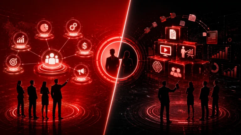 Comparison of revenue enablement vs sales enablement featuring AI-powered workflows, cross-functional collaboration, sales content, marketing alignment, customer success, analytics dashboards, and B2B revenue growth visualization.