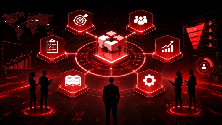 Visualization of a B2B sales enablement framework featuring interconnected sales processes, AI-powered tools, content management, sales training, analytics, team collaboration, and revenue optimization.
