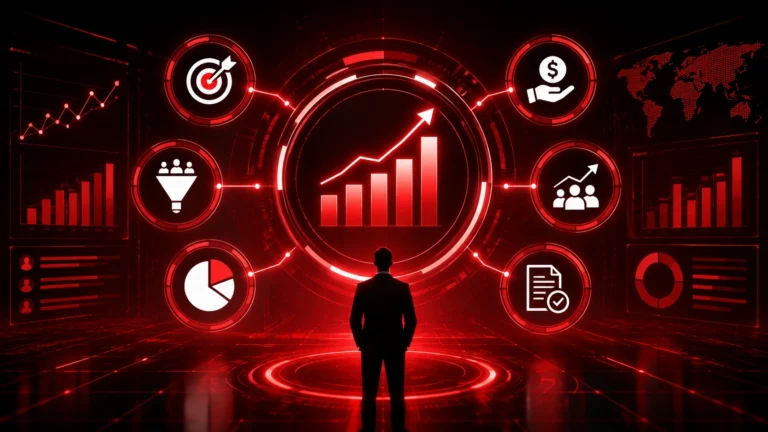 Futuristic illustration of sales enablement KPIs showing revenue growth, sales performance dashboards, pipeline analytics, conversion metrics, AI-powered reporting, and ROI measurement for B2B sales teams.