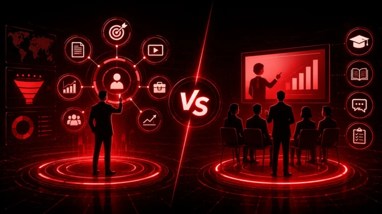 comparison of sales enablement vs sales training showing AI-powered sales tools, enablement resources, coaching, learning, performance analytics, and B2B sales team development.