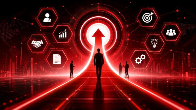 Illustration of sales enablement showing AI-powered sales tools, content, training, analytics, collaboration, and workflow automation helping a modern B2B sales team improve performance.