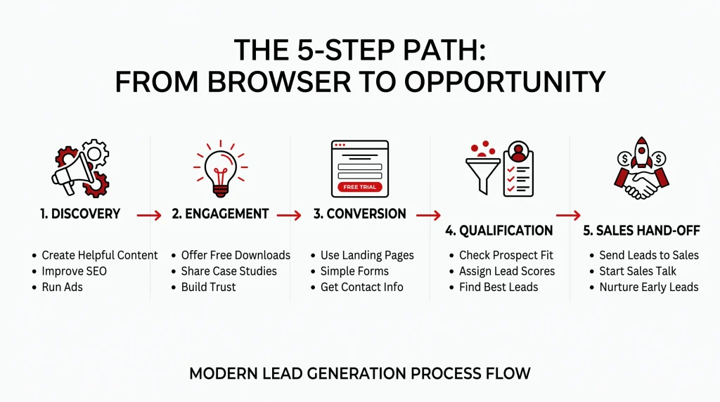 A visual breakdown of the five-step lead generation process flow, highlighting discovery, engagement, conversion, qualification, and the final sales hand-off.