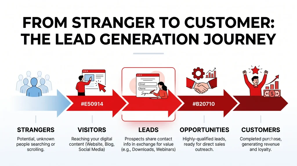 A flowchart infographic showing the five-step journey from unknown strangers and website visitors to qualified leads, sales opportunities, and finally, paying customers.