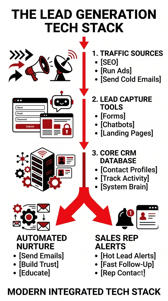 A structural diagram illustrating a modern lead generation tech stack, showing how traffic sources flow through lead capture tools into a core CRM database for automated nurturing and sales alerts.