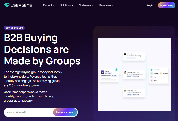 Usergems B2B buying group platform product page screenshot